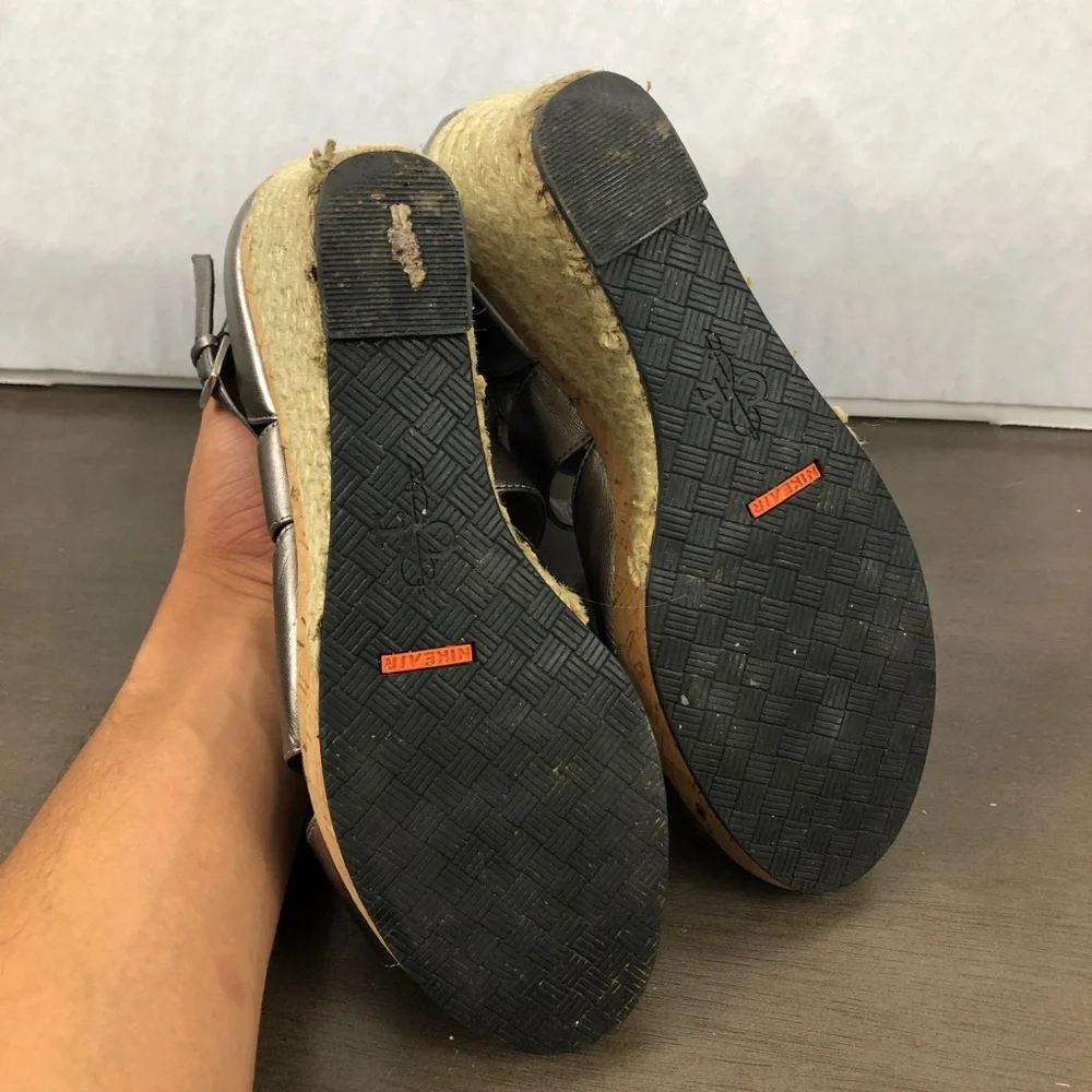 Cole Haan Metallic Pewter Leather Espadrille Wedge Sandals